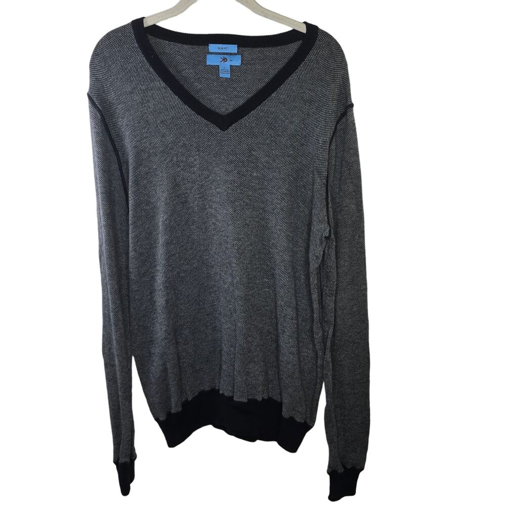 Men's Egara Blue Gray V-Neck Cotton Cashmere Blend Slim Fit Sweater Size Large